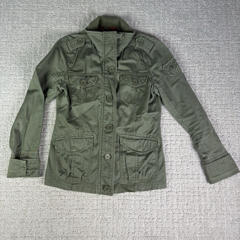 Fox Racing Jacket Military Style Zip & Button Army Green Logo Women's Size Small